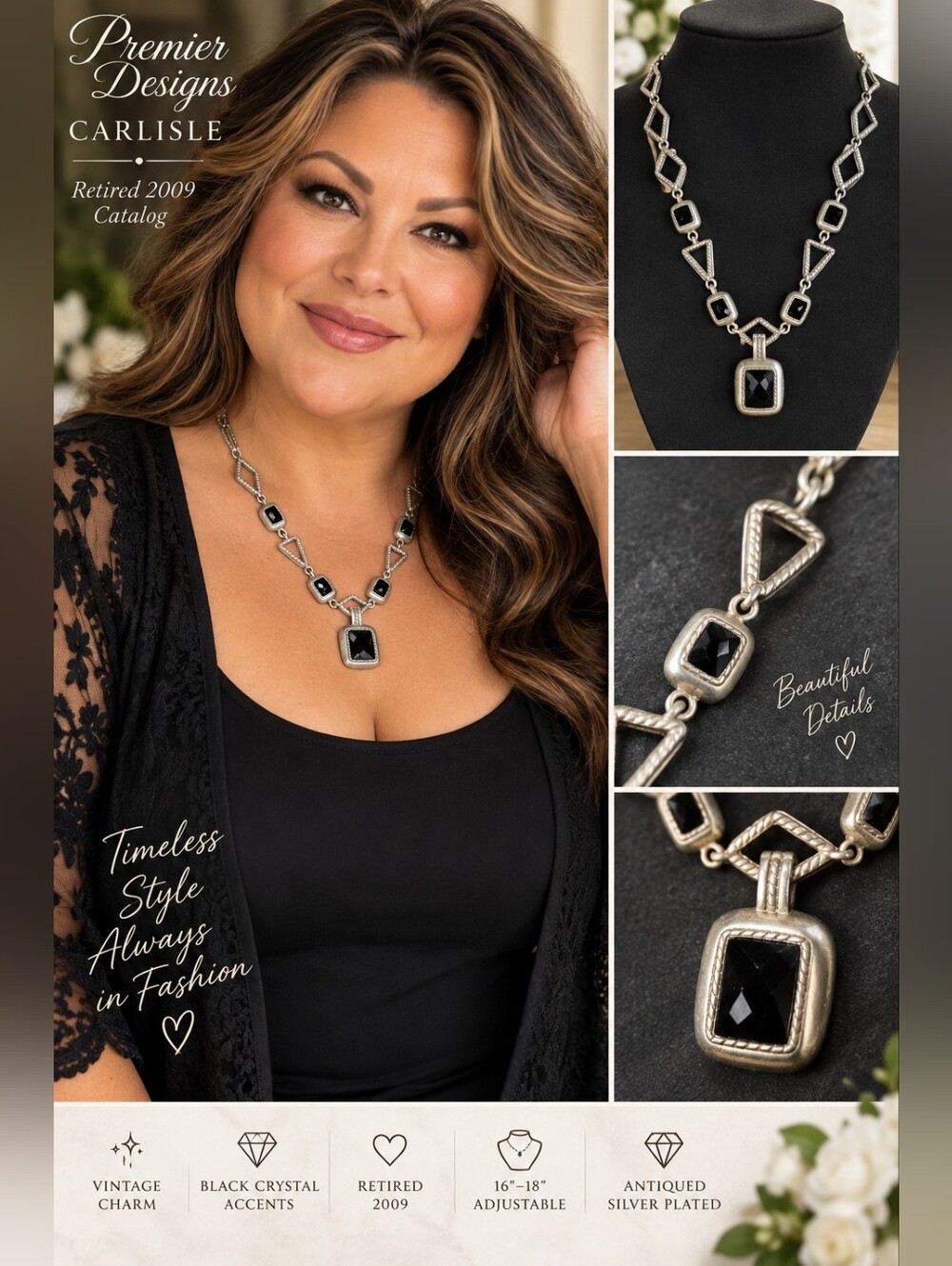 Premier Designs Carlisle Necklace Retired 2009 Black Crystal Silver Tone Vintage